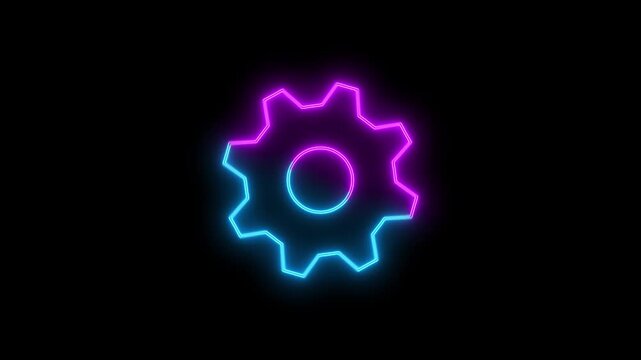 A Glowing neon gear icon spins slowly with a smooth, continuous motion. The vibrant colors pulse rhythmically, creating a dynamic, futuristic effect against a dark background.