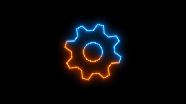 A Glowing neon gear icon spins slowly with a smooth, continuous motion. The vibrant colors pulse rhythmically, creating a dynamic, futuristic effect against a dark background.