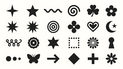 Fototapeta premium Set of 24 Black Silhouette Icons in Geometric and Symbolic Shapes – Stars, Spirals, Wavy Lines, Clover, Flowers, Concentric Circles, Hearts, Crescent Moons, Arrows, Diamonds, Crosses, Butterflies, and