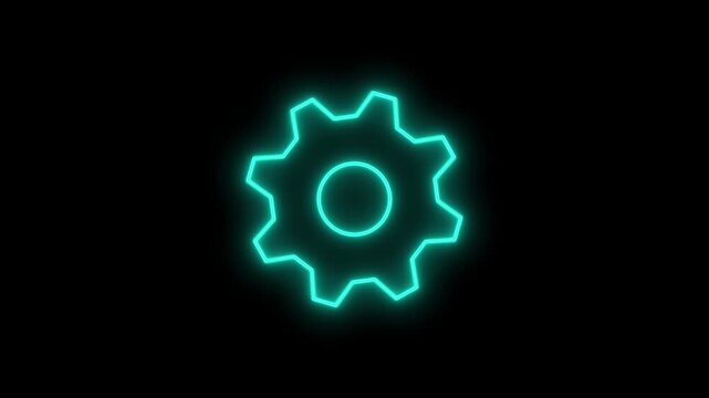 A Glowing neon gear icon spins slowly with a smooth, continuous motion. The vibrant colors pulse rhythmically, creating a dynamic, futuristic effect against a dark background.