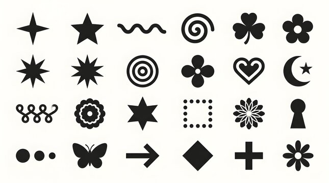 Set of 24 Black Silhouette Icons in Geometric and Symbolic Shapes &ndash; Stars, Spirals, Wavy Lines, Clover, Flowers, Concentric Circles, Hearts, Crescent Moons, Arrows, Diamonds, Crosses, Butterflies, and