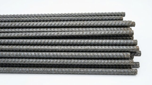 Reinforcing bars stacked against a white background showcase their ribbed texture and metallic composition rebar steel construction building infrastructure concrete