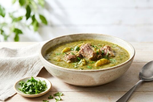 Traditional Tanzanian Supu ya Ndizi Green Banana Soup with Tender Pork Ribs in Ceramic Bowl