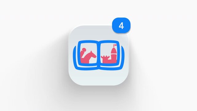 Story book app icon featuring an animated notification badge with number counter increasing 1 to 99, dynamic shadow effect, minimalist concept for reading library updates, on white background.