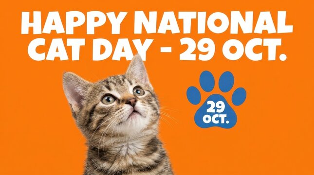 Tabby kitten looks upwards against a bright orange background with national cat day text and paw print feline domestic animal
