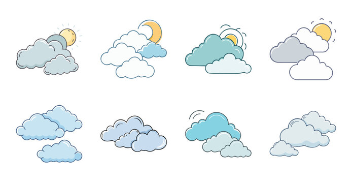 Weather icons showing different cloud and sun combinations - Bright and colorful vector icons depicting various weather conditions with clouds and sun combinations for easy visual reference.
