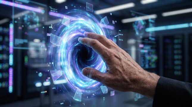 Human hand interacting with glowing digital energy portal inside futuristic data center server room with vortex surrounded floating