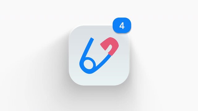 Safety pin app icon featuring an animated notification badge with number counter increasing 1 to 99, dynamic shadow effect, minimalist concept for pin attach updates, on white background.