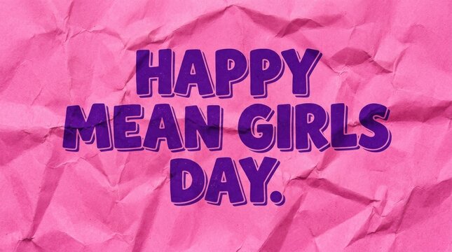 Purple lettering proclaiming happy mean girls day is displayed on crumpled pink paper celebration event greeting typography text wrinkled texture