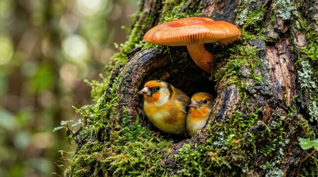 Two canaries peer from a tree hollow beneath an orange mushroom showcasing a natural woodland scene canary finch songbird birds