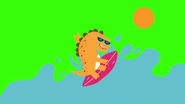 A cute surfer dinosaur looping animation on green background