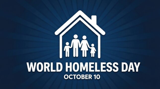 White house silhouette with family figures represents world homelessness awareness on a dark blue background advocacy community dwelling housing illustration