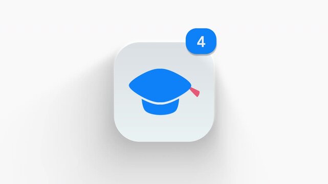 Graduation cap app icon featuring an animated notification badge with number counter increasing 1 to 99, dynamic shadow effect, minimalist concept for academic study updates, on white background. 