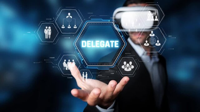 Businessman Using Virtual Reality Technology for Delegation of Tasks and Team Management in a Modern Office Environment Sigmoid