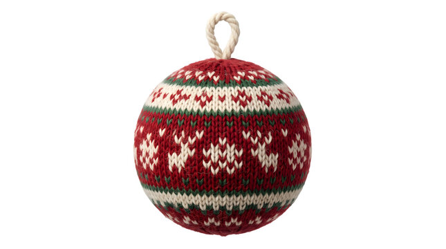 PNG knitted Christmas ornament with red and white fair isle pattern isolated on transparent background