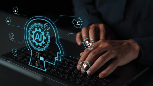 Human hands typing on a laptop keyboard with glowing digital icons representing artificial intelligence and technology concepts in a dark environment Gluon.