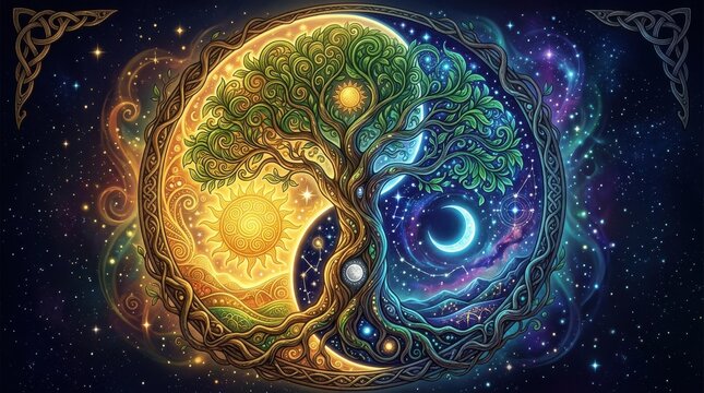 Yin yang symbol featuring a tree with sun and moon detailed vector illustration against a cosmic background yin-yang celestial balance