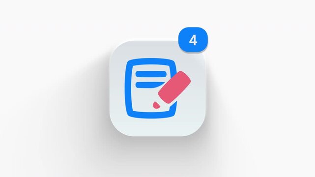 Pencil writing app icon featuring an animated notification badge with number counter increasing 1 to 99, dynamic shadow effect, minimalist concept for document edit updates, on white background. 