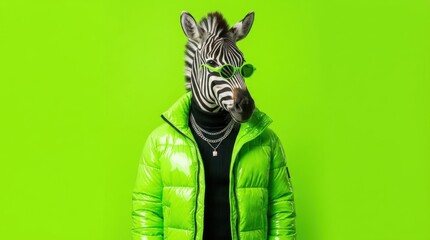 Naklejka premium A zebra head composited onto a person wearing a bright green puffer jacket stands against a green backdrop equine striped