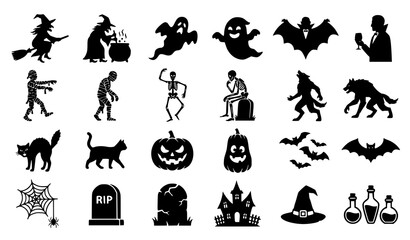 Fototapeta premium Spooky Halloween Silhouette Vector Set Featuring Flying Witches, Haunted Ghosts, Werewolves, Skeletons, Vampires, Jack O Lantern Pumpkins, and Creepy Holiday Character Craft Icons