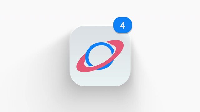 Saturn planet app icon featuring an animated notification badge with number counter increasing 1 to 99, dynamic shadow effect, minimalist concept for astronomy space updates, on white background. 