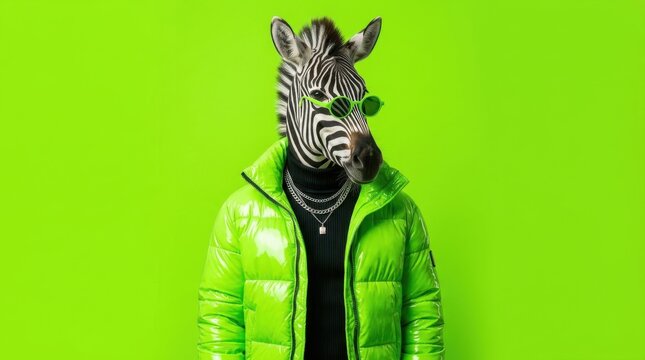 A zebra head composited onto a person wearing a bright green puffer jacket stands against a green backdrop equine striped