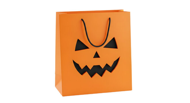 Orange paper gift bag with jackolantern face cutout isolated on transparent background