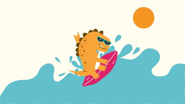 A cute surfer dinosaur looping animation on white background