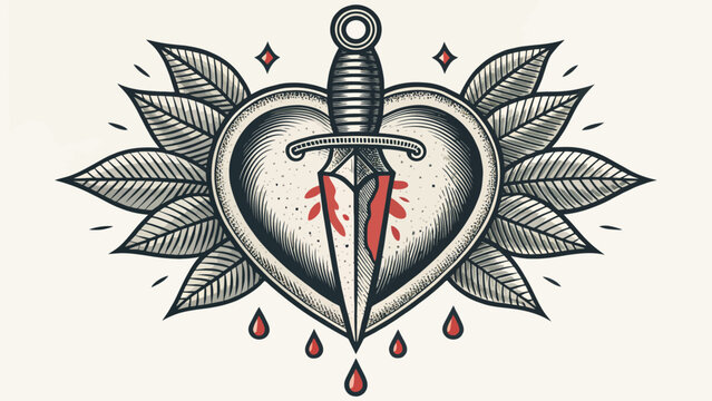 Old school tattoo style heart pierced by a dagger with laurel leaves traditional illustration ornamental sharpness engraving artistic creative abstract stylized