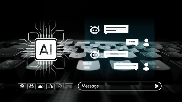 A creative representation of artificial intelligence interaction with a chatbot interface displayed above a keyboard, symbolizing modern digital communication and technology. Entropy.