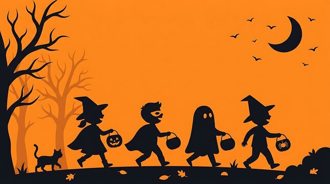 Halloween silhouette background with children trick or treating under crescent moon and spooky trees for festive party invitations posters.