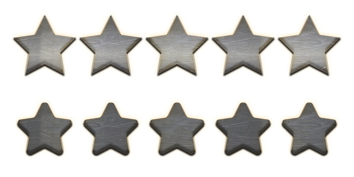 Two rows of star shaped cutouts in a dark textured metal frame on a white background isolated on a transparent background