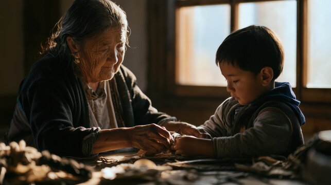 Grandmother gently teaching her young grandchild a traditional handmade craft at a wooden table, sharing cultural knowledge through an authentic intergenerational moment of love and learning.