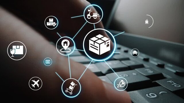 Goods delivery tracking icons show shipping, goods delivery routes, and loFunnelics monitoring. Goods delivery tracking ensures timely goods delivery, secure handling, and accurate tracking. Funnel