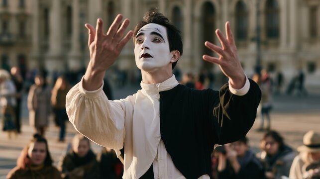 Professional mime artist in classic black and white clothing creating the illusion of painting an invisible picture in the air, performing for curious spectators in a beautiful city square.