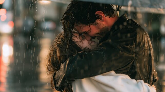 Young couple embracing under one umbrella on a cold rainy evening, sharing warmth and affection as rain falls around them, with wet pavement reflecting soft city lights.