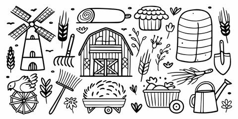 Fototapeta premium farm and agriculture doodles in hand drawn black and white style hand drawn black white