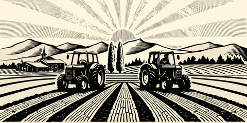 Fototapeta premium vintage woodcut illustration of tractors in rural landscape retro farm agriculture mountains fields