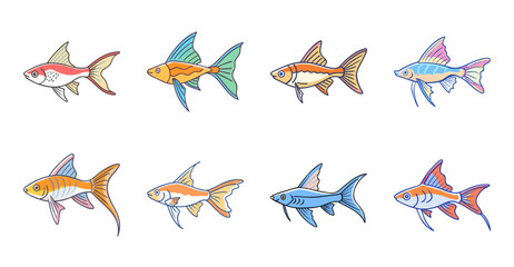 Obraz premium Colorful fish swimming in a line - Brightly colored tropical fish swimming in a coordinated line, vibrant and playful underwater scene.