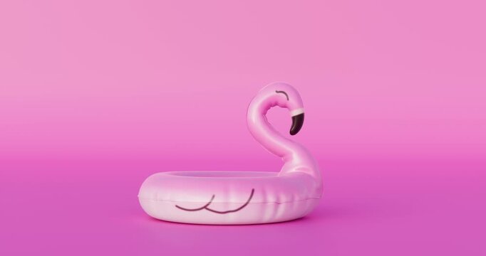 3D summer background. Inflatable pink flamingo pool float on pink background