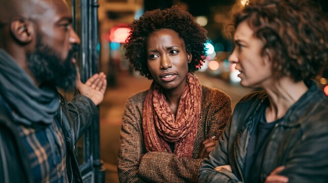Nighttime street scene with three people arguing