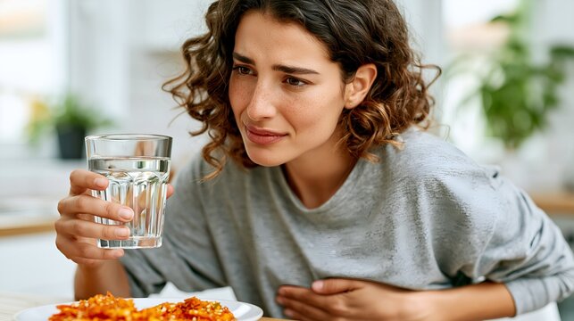 Woman holds glass of water, pained expression. She grips stomach, looks uneasy. Food sits on plate nearby, unattended