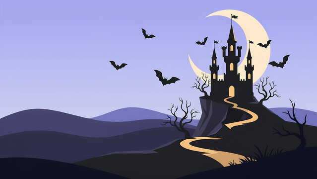 Spooky haunted castle on a hill with bats and crescent moon at night