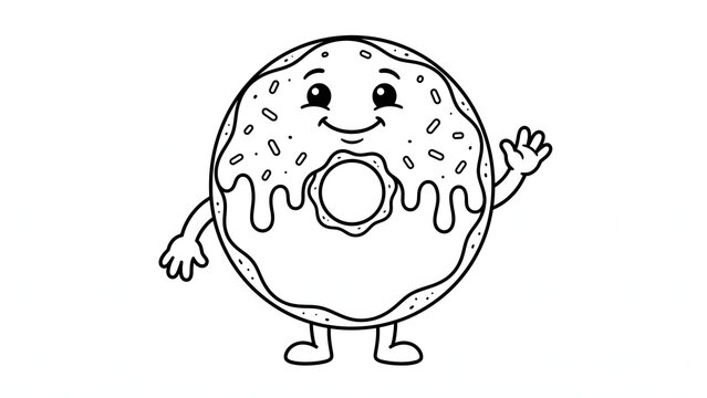 Cute Waving Donut with Sprinkles Cartoon Coloring Page