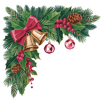 Festive Christmas corner decoration with fir branches holly berries pine cones bells and baubles isolated on transparent background