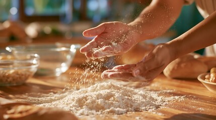Fototapeta premium Hands sprinkle flour on wooden surface. Glass bowl holds remaining flour nearby