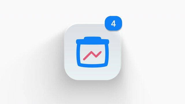 Clipboard line graph app icon featuring animated notification badge with number counter increasing 1 to 99, dynamic shadow effect, minimalist concept for report analytics, on white background. 