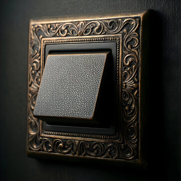 Ornate bronze light switch with a textured black toggle, vintage home decor and luxury interior design element, the classic electrical fixture features intricate scrollwork and filigree details