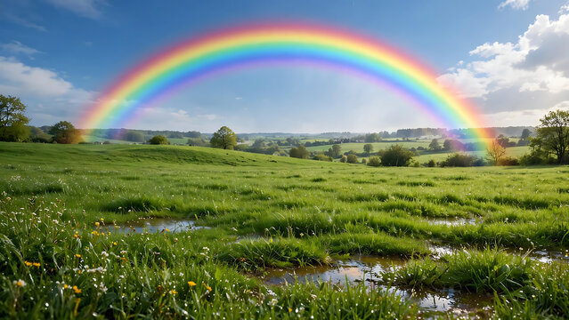 Vibrant rainbow arching over a lush green meadow with rolling hills and small puddles under a blue sky