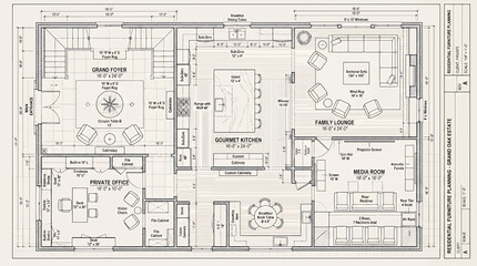 Fototapeta premium Detailed architectural floor plan for a luxury grand oak estate residence